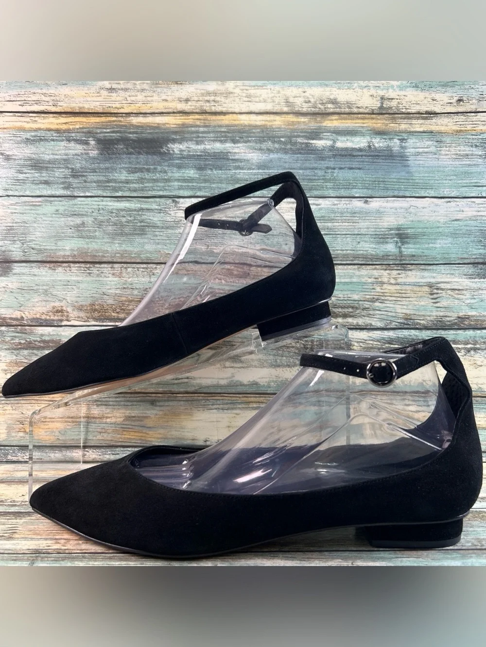 BANANA REPUBLIC Ankle Strap Pointed Toe Minimalist Flats Size 9 Black Suede Shoe